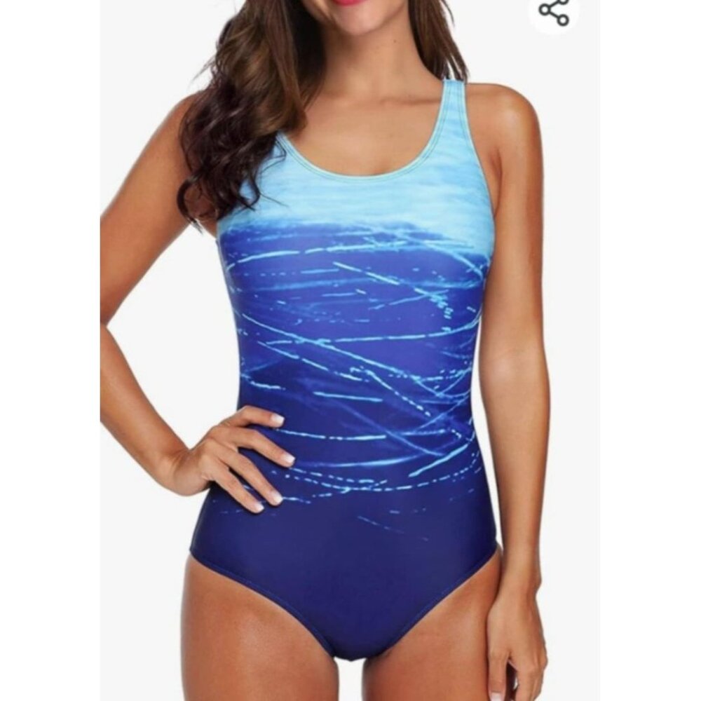 Women's One-Piece Swimsuit Blue Ocean Print Criss-Cross Back Large